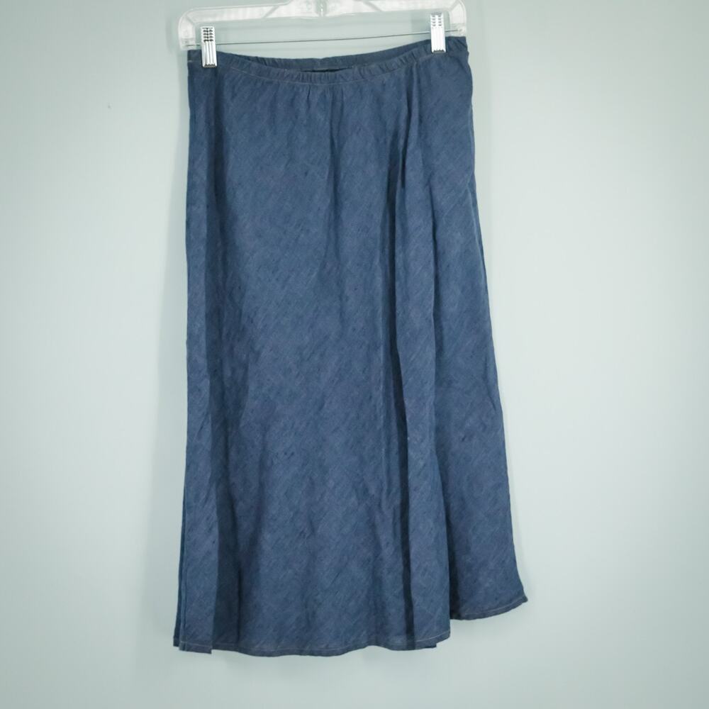 FLAX Size Small S Blue Pull On Elastic Waist Artsy Lagenlook Linen Midi Skirt - Picture 2 of 7